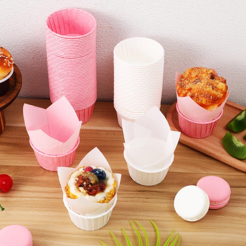 White Pink Tulip Rolled Edge Cupcake Baking Cups 200pcs Wedding Birthday Party - Image 5