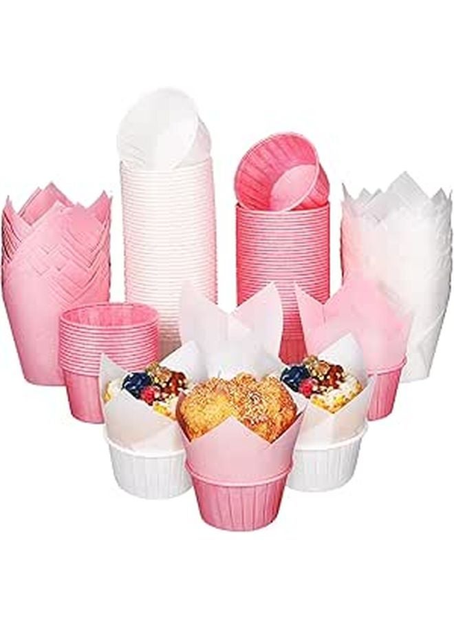 White Pink Tulip Rolled Edge Cupcake Baking Cups 200pcs Wedding Birthday Party - Image 1