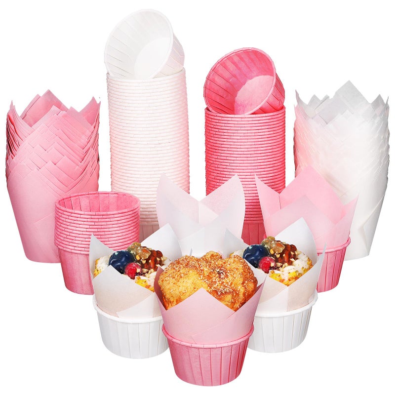 White Pink Tulip Rolled Edge Cupcake Baking Cups 200pcs Wedding Birthday Party - Image 2