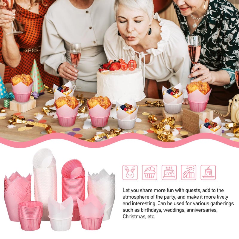 White Pink Tulip Rolled Edge Cupcake Baking Cups 200pcs Wedding Birthday Party - Image 4