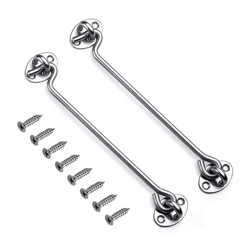 2 Pack 10 Inch Hook and Eye Latch Heavy Duty Stainless Steel Barn Door Lock Gate Cabin Hook with 8 Mounting Screws for Sliding Door Gate Cabinet Window Shed Silver