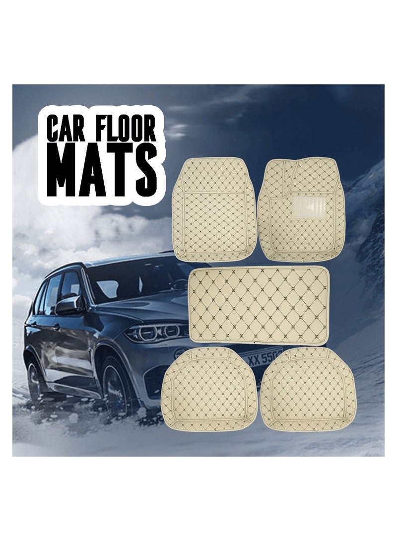 Universal Car Floor Mat 3D Car Floor Mat Set 5Pcs Set Car Mat Set Contrast Stitching Mat Beige - Image 1