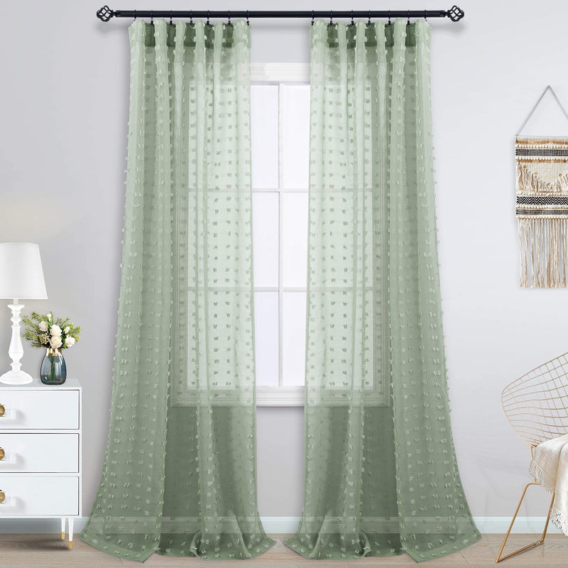 KOUFALL 2 Panels Boho Curtains 84 Inches Long for Living Room Bedroom Sage Green Decor Pom Pom Design Sheer Pattern Window Treatments Curtain with Back Tab Rod Pocket52x84 in Length