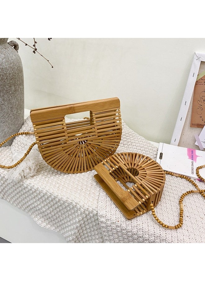 Loquat Internet Celebrity Ins Hollow Woven Women's Bag 2021 Summer Arrival Trendy Fashionable Crossbody Bag Bamboo Semi-Round Portable Beach Bag-Color:Khakis Large  - Image 3