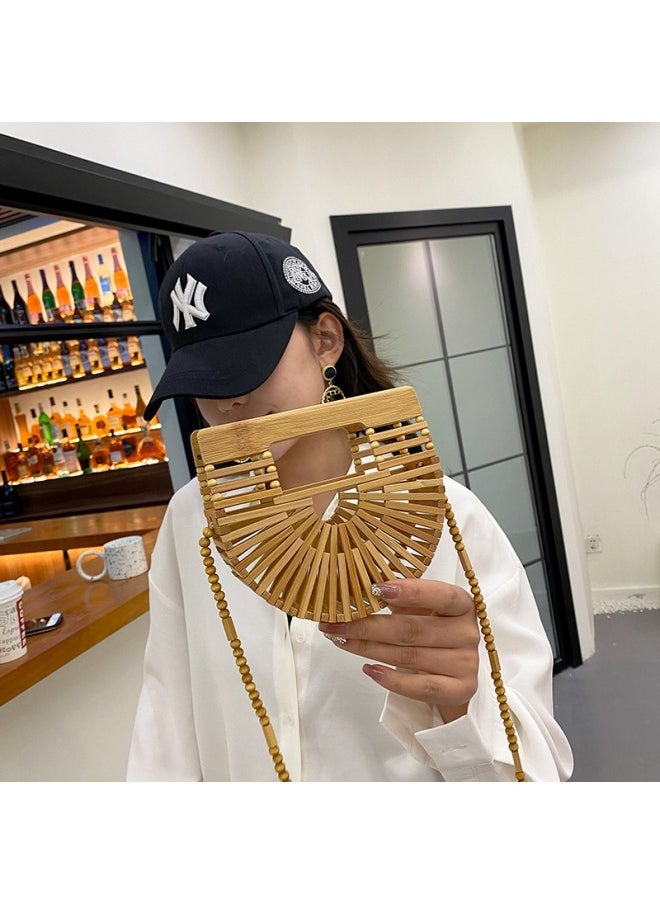 Loquat Internet Celebrity Ins Hollow Woven Women's Bag 2021 Summer Arrival Trendy Fashionable Crossbody Bag Bamboo Semi-Round Portable Beach Bag-Color:Khakis Large  - Image 5