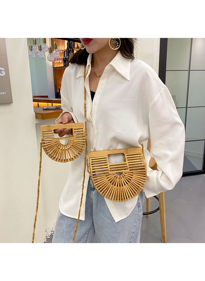 Loquat Internet Celebrity Ins Hollow Woven Women's Bag 2021 Summer Arrival Trendy Fashionable Crossbody Bag Bamboo Semi-Round Portable Beach Bag-Color:Khakis Large  - Image 2