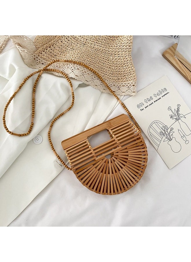 Loquat Internet Celebrity Ins Hollow Woven Women's Bag 2021 Summer Arrival Trendy Fashionable Crossbody Bag Bamboo Semi-Round Portable Beach Bag-Color:Khakis Large  - Image 1