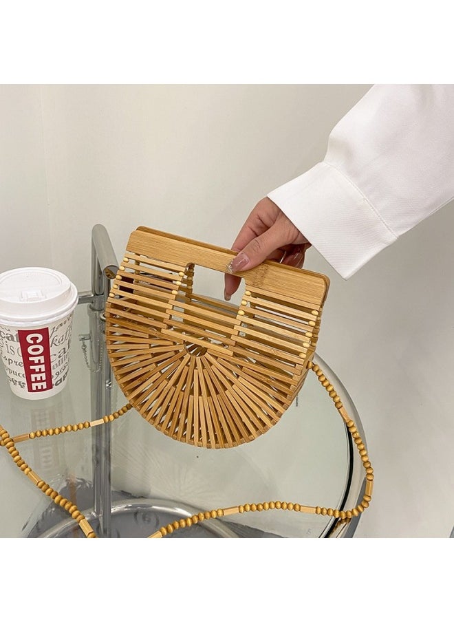 Loquat Internet Celebrity Ins Hollow Woven Women's Bag 2021 Summer Arrival Trendy Fashionable Crossbody Bag Bamboo Semi-Round Portable Beach Bag-Color:Khakis Large  - Image 4