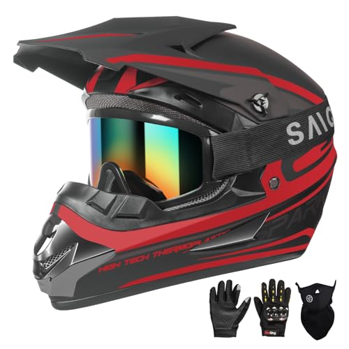 Cutey Youth Kids Motocross Helmet, Adult ATV Dirt Bike Helmet, Off-Road BMX 4-Wheeler Full Face Motorcycle Helmet W/Goggles Gloves & Mask, DOT Approved, Red, M - Image 1