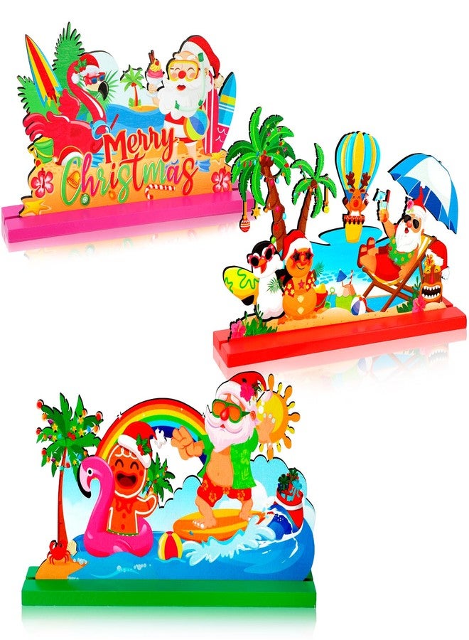 هواف قطعة مركزية خشبية لطاولة عيد الميلاد الهاوايية من HOWAF، مكونة من 3 قطع، زينة طاولة عيد الميلاد الاستوائية على شكل سانتا كلوز، زينة حفلات العطلات في هاواي، لوازم سطح المكتب لطاولة المنزل والكريسماس - Image 1