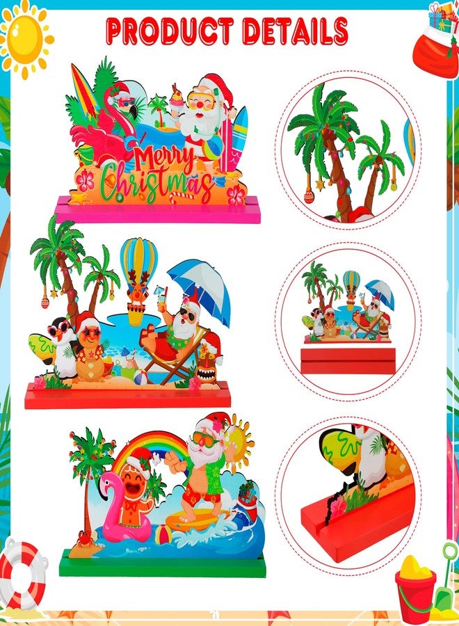 هواف قطعة مركزية خشبية لطاولة عيد الميلاد الهاوايية من HOWAF، مكونة من 3 قطع، زينة طاولة عيد الميلاد الاستوائية على شكل سانتا كلوز، زينة حفلات العطلات في هاواي، لوازم سطح المكتب لطاولة المنزل والكريسماس - Image 3