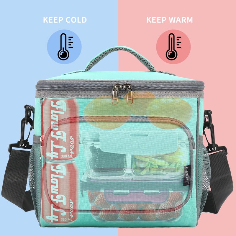 FlowFly Insulated Reusable Lunch Bag Adult Large Lunch Box for Women and Men with Adjustable Shoulder Strap,Front Zipper Pocket and Dual Large Mesh Side Pockets,Jade - Image 2