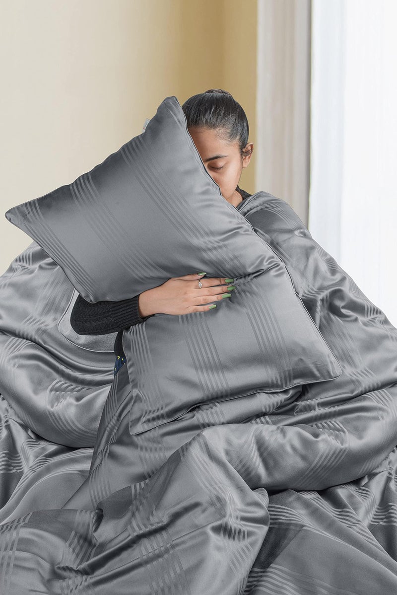 Spread Spain Cotton with Striped Design & 450 Thread Count Single Size Barcode Duvet Cover - Grey (60x90 inch) - Image 5