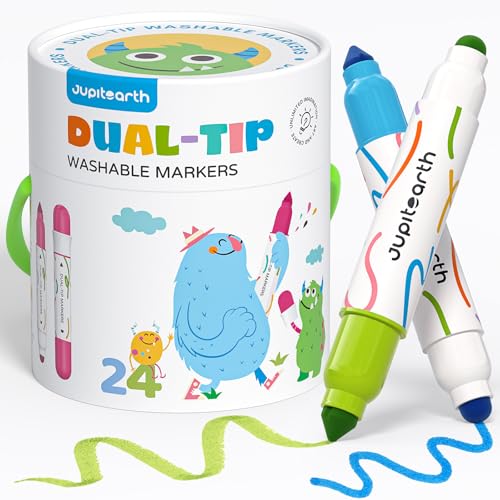 JUPITEARTH Washable Dual Tip Markers for Kids Broad Round Tip EasyGrip Design for Little Hands 24 Vibrant Colors Toddler Markers with Portable Case Preschool Art Supplies for Kids Toddlers - Image 1