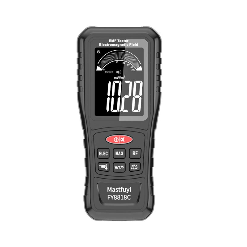 مقياس المجالات الكهرومغناطيسي القابل لإعادة الشحن Mastfuyi FY8818C، جهاز اختبار إشعاع المجالات الكهرومغناطيسي 4 في 1 مع قياس درجة الحرارة والترددات الراديوية، وعرض شاشة LCD، وإنذار ضوئي صوتي للاستخدام المنزلي والمهني - Image 1