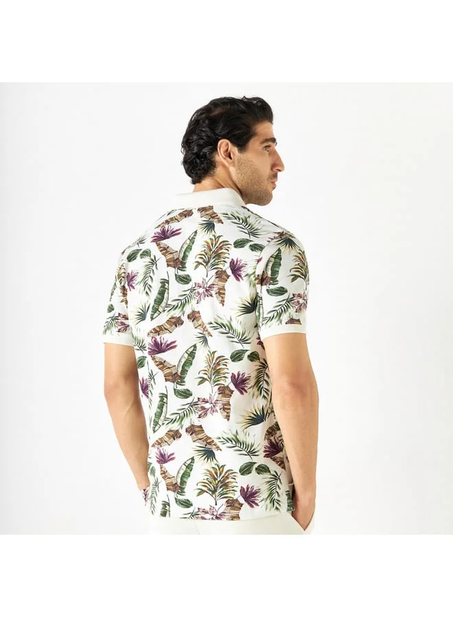 Iconic Iconic All-Over Tropical Print Polo T-shirt with Short Sleeves