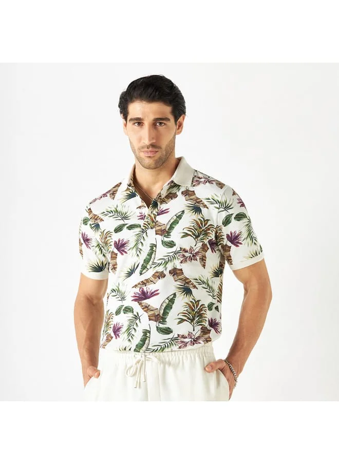 Iconic Iconic All-Over Tropical Print Polo T-shirt with Short Sleeves