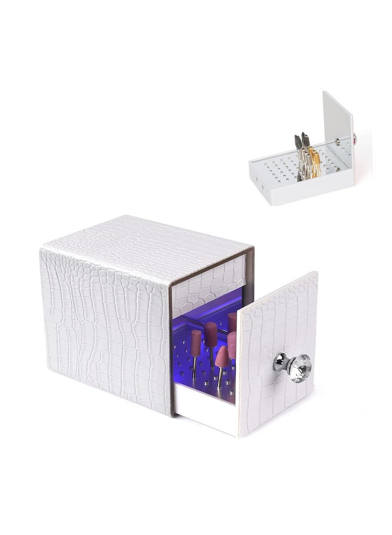 Nail Drill Bit Holder, 48 Holes Stand Display Organizer Nail Drill Grinding Bit Case with Blue UV Light, Dust Proof Nail Polish Head Storage Box with USB Charging for Nail Salon (White) - Image 1