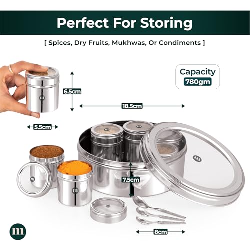 MARU 7-in-1 Stainless Steel Masala Dabba with See-Through Lids Complete Spice Box Set with 7 Individual Containers, Durable Heavy Gauge, Lightweight Design for Kitchen Organization, Silver - Image 2