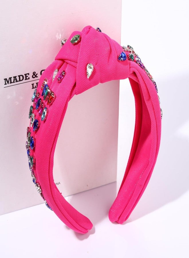 BVGA Crystal Knotted Jeweled Headband for Women Valentine's Day Rhinestone Crystal Embellished Hot Pink Rosy Hairband Top Knot Headbands Summer Luxury Fashion Wide Ladies Hair Accessories for Girls - Image 3