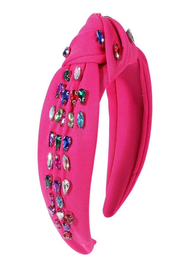 BVGA Crystal Knotted Jeweled Headband for Women Valentine's Day Rhinestone Crystal Embellished Hot Pink Rosy Hairband Top Knot Headbands Summer Luxury Fashion Wide Ladies Hair Accessories for Girls - Image 1