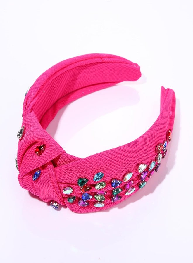 BVGA Crystal Knotted Jeweled Headband for Women Valentine's Day Rhinestone Crystal Embellished Hot Pink Rosy Hairband Top Knot Headbands Summer Luxury Fashion Wide Ladies Hair Accessories for Girls - Image 4
