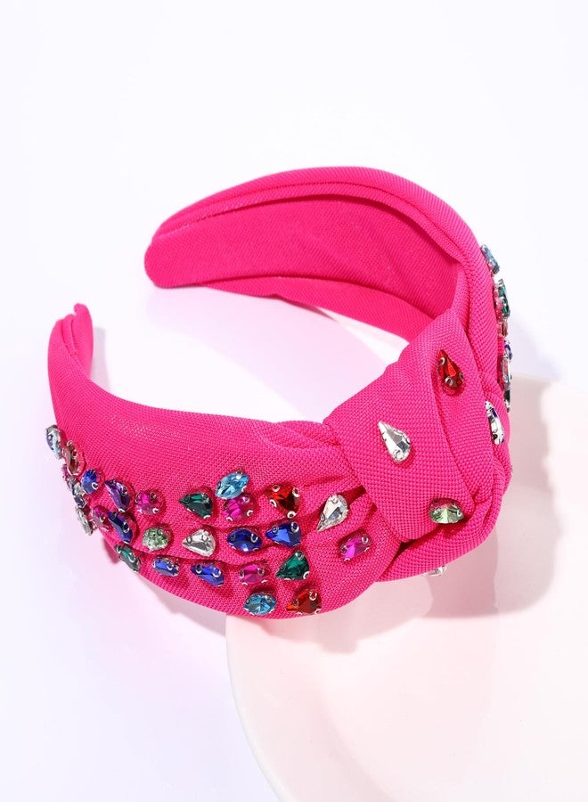 BVGA Crystal Knotted Jeweled Headband for Women Valentine's Day Rhinestone Crystal Embellished Hot Pink Rosy Hairband Top Knot Headbands Summer Luxury Fashion Wide Ladies Hair Accessories for Girls - Image 2