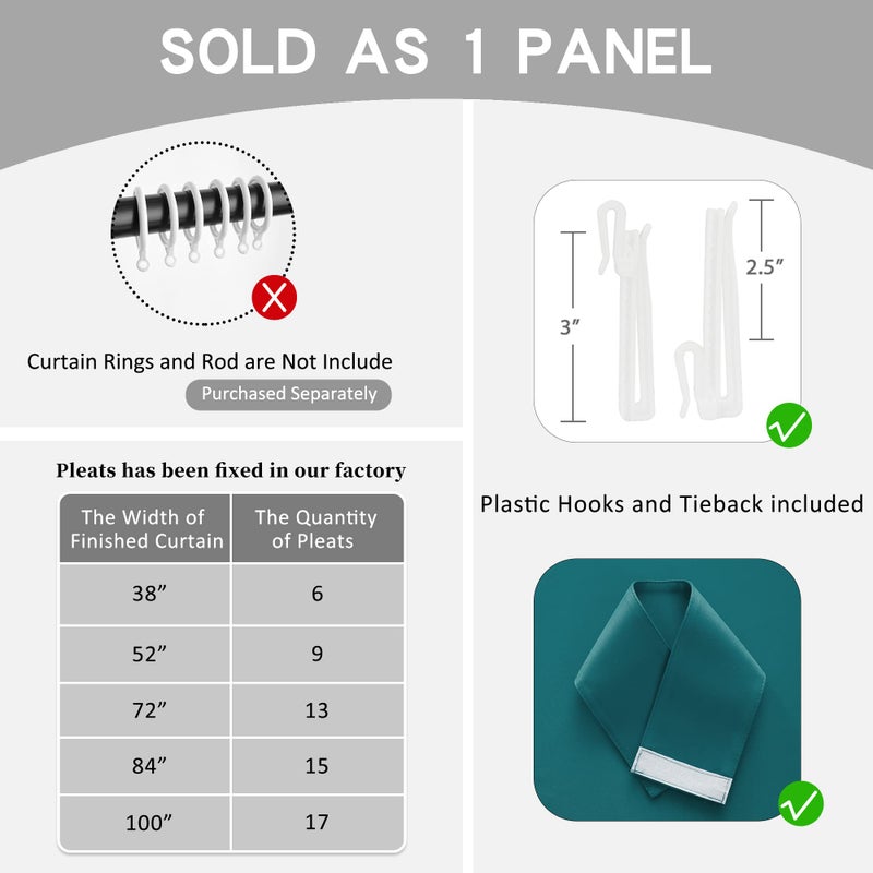 OYRING Pinch Pleat Curtain with Hooks Tieback for Bedroom 84 Inch Length  Room Darkening Pleated Curtain for Traverse Rod and Track  38"" W x 84"" L  Teal  1 Panel - Image 4