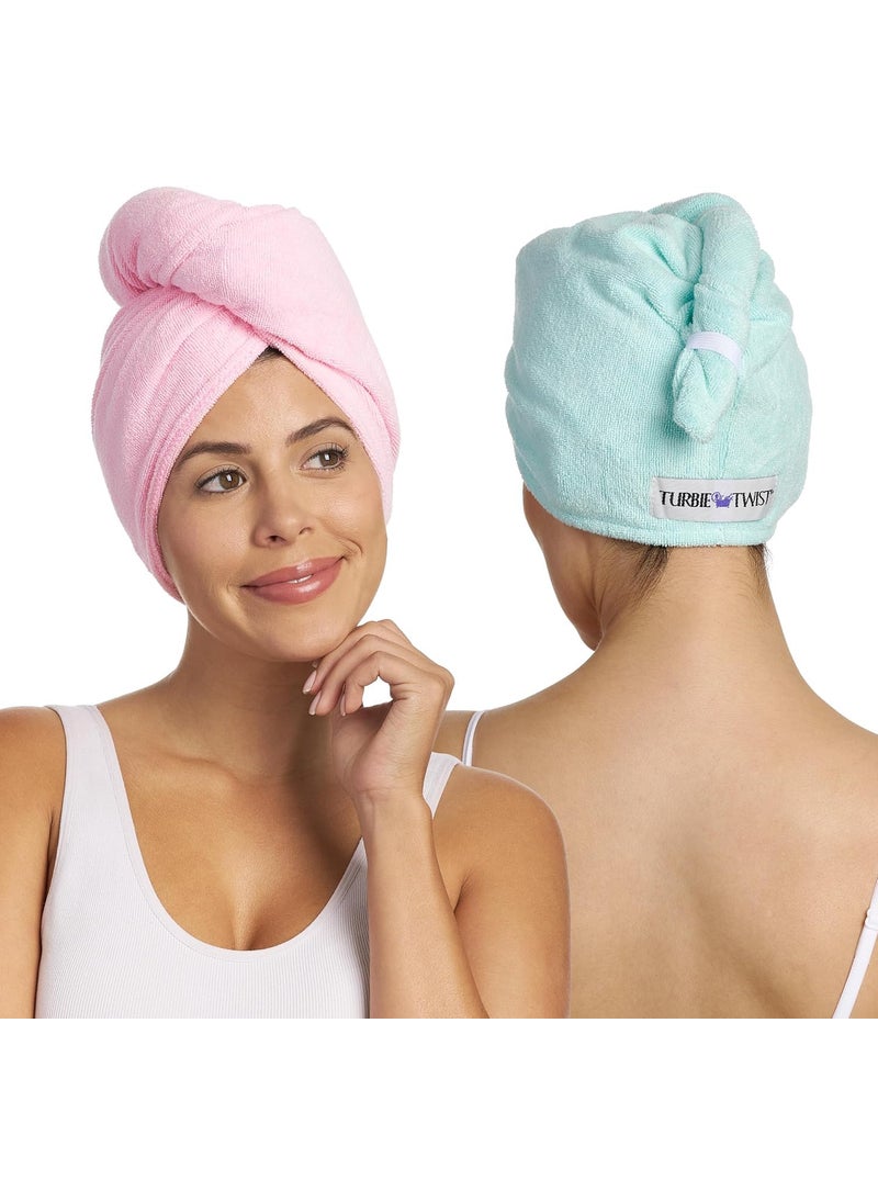 Turbie Twist Turbie Twist Extra Long Microfiber Hair Towel Wrap for Women and Men  2 Pack  Bathroom Essential Accessories  Quick Dry Hair Turban for Drying Curly Long  Thick Hair Pink Mint 