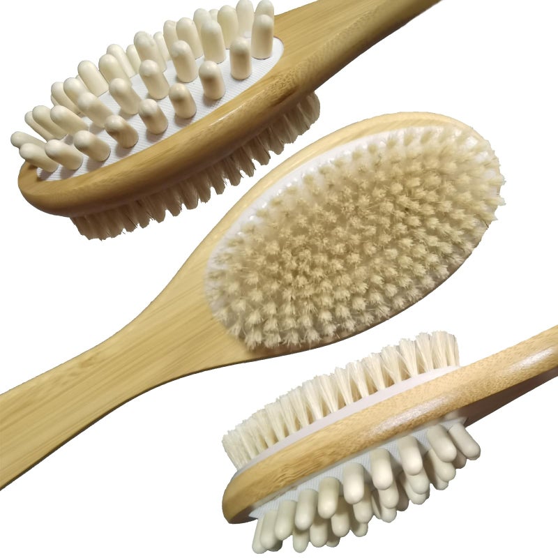 LU2000 Bamboo Body Brush for Back Scrub, Natural Boar Bristle Shower Brush Scrubber with Long Handle, Exfoliate Skin and Cellulite - Wet or Dry - Image 1