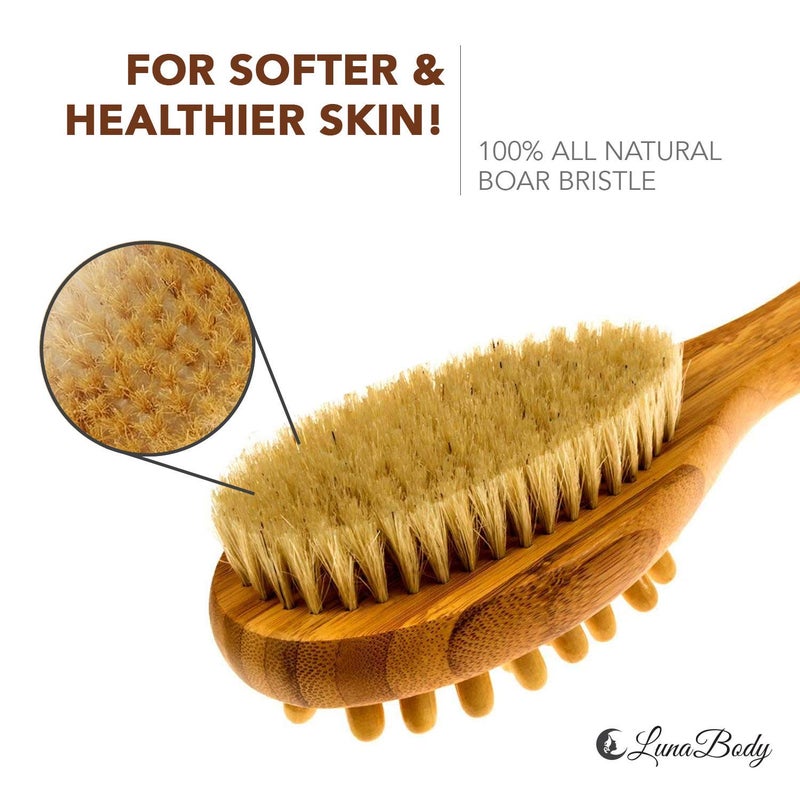 LU2000 Bamboo Body Brush for Back Scrub, Natural Boar Bristle Shower Brush Scrubber with Long Handle, Exfoliate Skin and Cellulite - Wet or Dry - Image 4