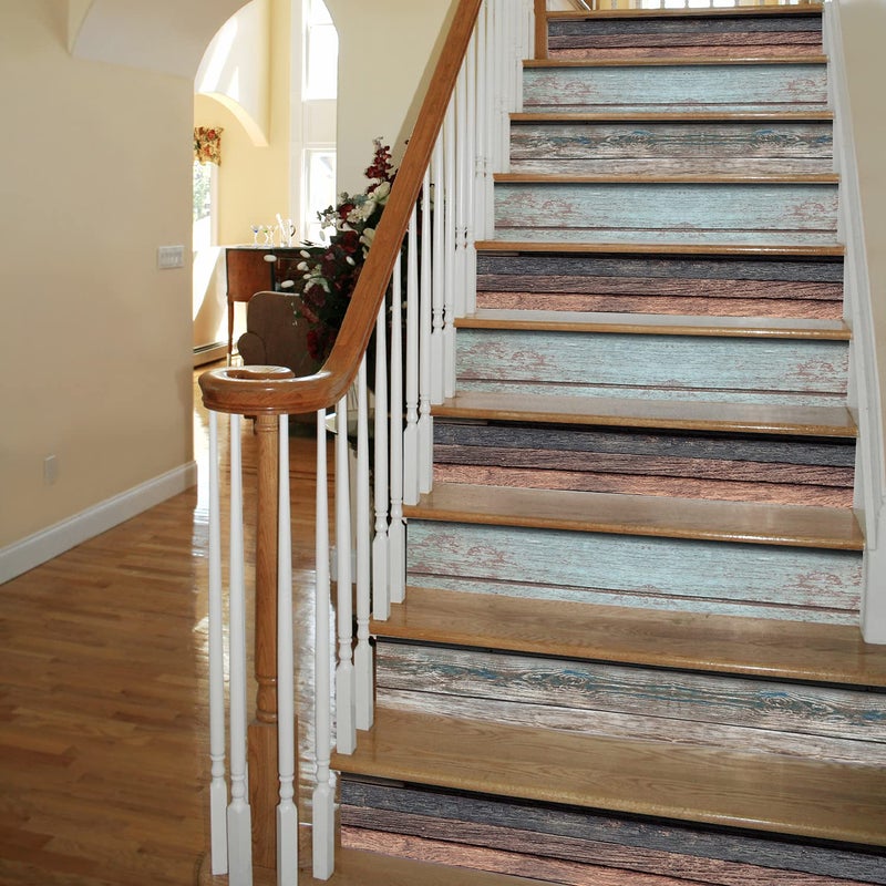 ملصقات درج ذاتية اللصق من فنلايف 14 قطعة، ملصقات فنية لدرجات السلم، زخارف لدرجات السلم 3937x709 خشب قديم مزيف