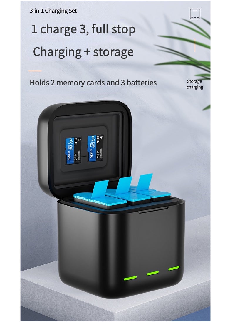 TELESIN - Sports Camera Battery Storage Charger Set 1 * 3-slot Battery Charging Box + 3 * 1750mAh Batteries Fast Charging with TF Card Storage Slots Replacement for GoPro Hero 12/11/10/9 - Image 1