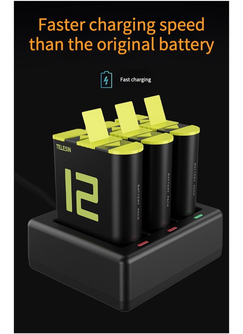 TELESIN - Sports Camera Battery Storage Charger Set 1 * 3-slot Battery Charging Box + 3 * 1750mAh Batteries Fast Charging with TF Card Storage Slots Replacement for GoPro Hero 12/11/10/9 - Image 1