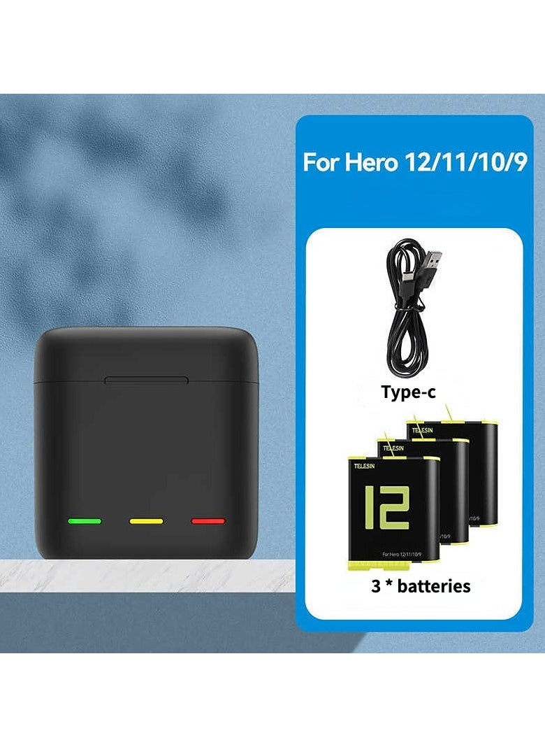 TELESIN - Sports Camera Battery Storage Charger Set 1 * 3-slot Battery Charging Box + 3 * 1750mAh Batteries Fast Charging with TF Card Storage Slots Replacement for GoPro Hero 12/11/10/9 - Image 1