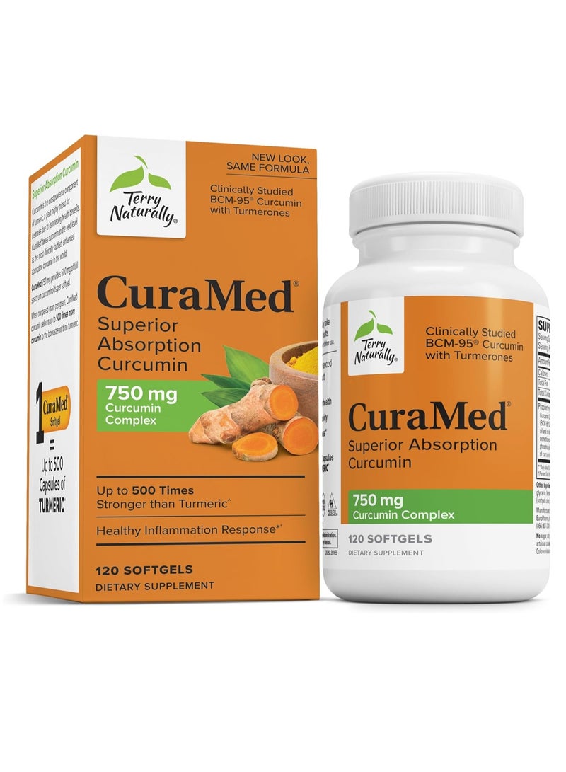 Terry Naturally Terry Naturally CuraMed 750mg - Antioxidant Supplement for Brain & Heart Health Support - Dietary Supplement with High-Potency Curcumin Complex - Kidney, Liver & Immune Health Support - 120 Softgels  - Image 1