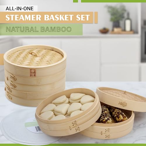Zoie + Chloe Bamboo Steamer Basket - 2-Tier Dumpling Steamer for Cooking with 2 Reusable Cotton Liners for Bao, Dim Sum, Veggies, Asian Steamed Buns -Stackable, Space-Efficient - 8-Inch Steam Basket - Image 2