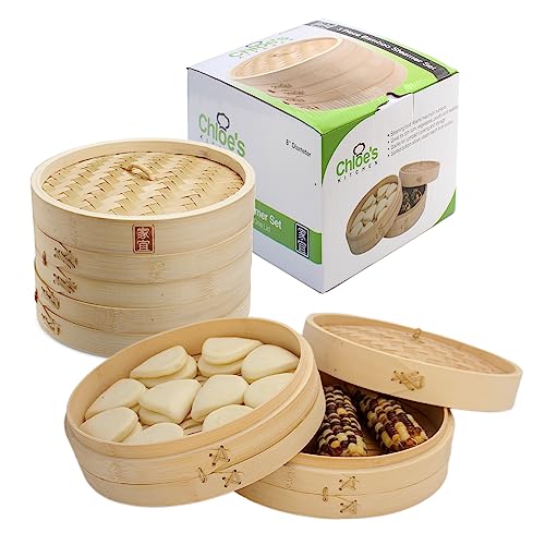 Zoie + Chloe Bamboo Steamer Basket - 2-Tier Dumpling Steamer for Cooking with 2 Reusable Cotton Liners for Bao, Dim Sum, Veggies, Asian Steamed Buns -Stackable, Space-Efficient - 8-Inch Steam Basket - Image 1