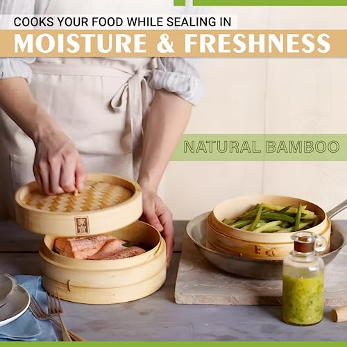 Zoie + Chloe Bamboo Steamer Basket - 2-Tier Dumpling Steamer for Cooking with 2 Reusable Cotton Liners for Bao, Dim Sum, Veggies, Asian Steamed Buns -Stackable, Space-Efficient - 8-Inch Steam Basket - Image 3