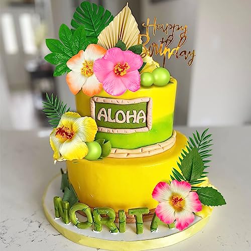 DRWATE 25 PCS Flower Cake Topper Hawaiian Cake Decorations with Palm Leaves Hibiscus Flowers Balls for Hawaii Aloha Jungle Summer Theme Wedding Birthday Baby Shower (Multicolour) - Image 4
