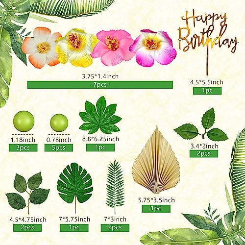 DRWATE 25 PCS Flower Cake Topper Hawaiian Cake Decorations with Palm Leaves Hibiscus Flowers Balls for Hawaii Aloha Jungle Summer Theme Wedding Birthday Baby Shower (Multicolour) - Image 2