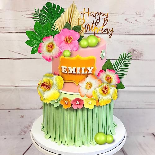 DRWATE 25 PCS Flower Cake Topper Hawaiian Cake Decorations with Palm Leaves Hibiscus Flowers Balls for Hawaii Aloha Jungle Summer Theme Wedding Birthday Baby Shower (Multicolour) - Image 5