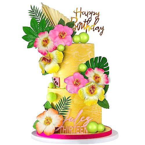 DRWATE 25 PCS Flower Cake Topper Hawaiian Cake Decorations with Palm Leaves Hibiscus Flowers Balls for Hawaii Aloha Jungle Summer Theme Wedding Birthday Baby Shower (Multicolour) - Image 1