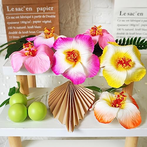 DRWATE 25 PCS Flower Cake Topper Hawaiian Cake Decorations with Palm Leaves Hibiscus Flowers Balls for Hawaii Aloha Jungle Summer Theme Wedding Birthday Baby Shower (Multicolour) - Image 3