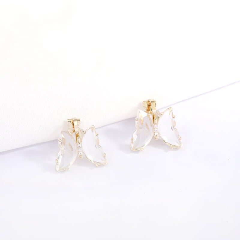 YOQUCOL Butterfly Shape Transparent Crystal Clip On Earrings Gold Non Pierced Golden Stud for Women - Image 3