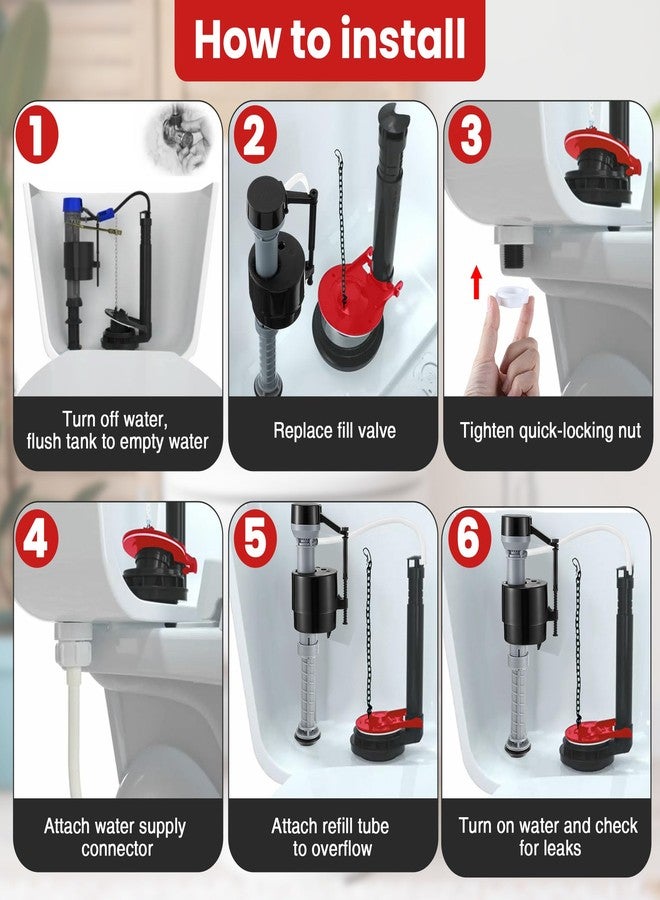 Saillong Universal Toilet Flusher Replacement Kit, Fill Valve, 2-Inch Flapper, Side Mount Handle Lever, Water-Saving, Adjustable Toilet Repair Kit Inside Tank, Easy to Install(1 Set,Black, Red) - Image 4
