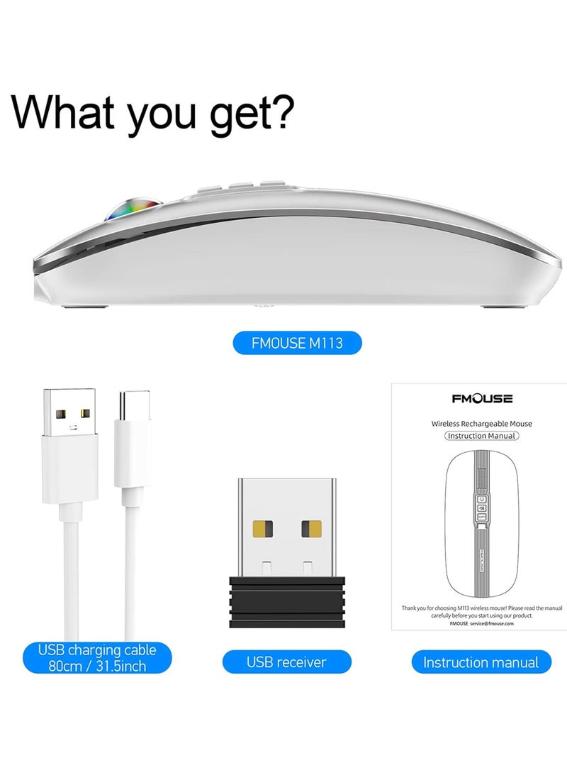 FMOUSE - ماوس M113 2.4 جيجا هرتز لاسلكي BT5.1 نحيف قابل لإعادة الشحن لأجهزة الكمبيوتر الشخصية والكمبيوتر المحمول مع مستقبل USB 2400 نقطة في البوصة بمستوى قابل للتعديل - Image 1