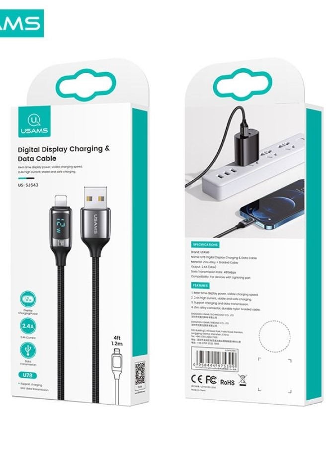 Usams Iphone charger iPhone charging cable USB to Lightning for Iphone With LED Display Boost Charge USB Cable for iPhone iPad AirPods Fast Charging Premium Cable 4ft/1m, Black  - Image 5