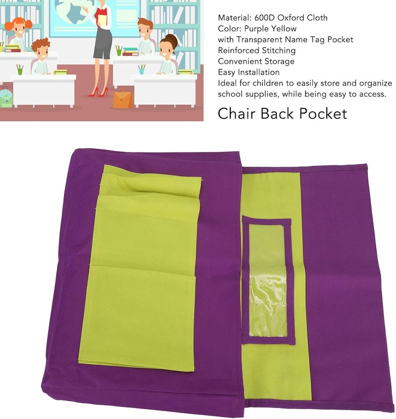 klarako Chair Back Pocket Organizer, Transparent Name Tag Pocket Chairback Pocket Students Seating Back Supply Organizer for Preschool, Purple Yellow - Image 5