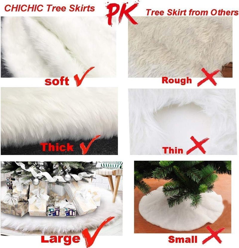 CHICHIC 48 inch Christmas Tree Skirt Faux Fur Xmas Tree Skirt Christmas Decorations Holiday Tree Ornaments Tree Decoration for Christmas Home Decorations, Xmas Party Holiday Decorations, Snow White - Image 3
